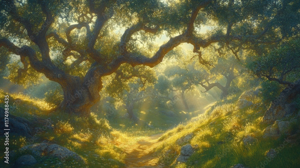 Fototapeta premium Sunlit Path Through Ancient Oak Forest