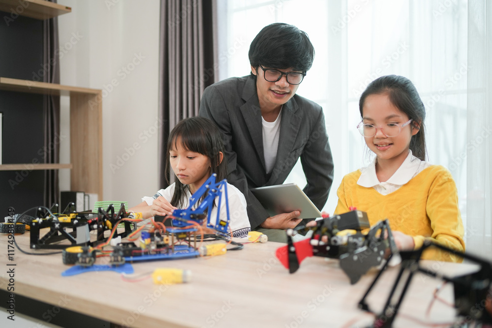 children working on circuit boards of small robot at technology and engineering workshop,elementary children learning STEM Education in school class children working on circuit boards of small robot at technology and engineering workshop,elementary children learning STEM Education in school class