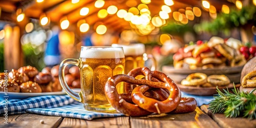 Oktoberfest Feast: Beer, Pretzels, and Festive Atmosphere - Stock Photo photo