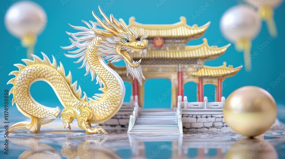 Fototapeta premium Golden dragon figurine guarding miniature Asian temple