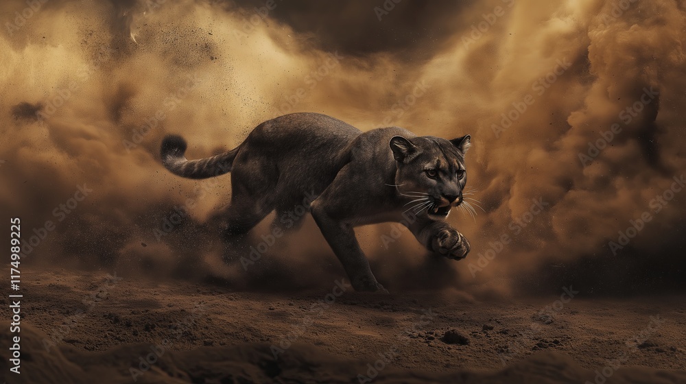 A large puma is running through a sandy area with a lot of dust A large puma is running through a sandy area with a lot of dust