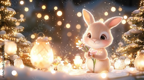 Adorable bunny, winter scene, festive lights, snow photo