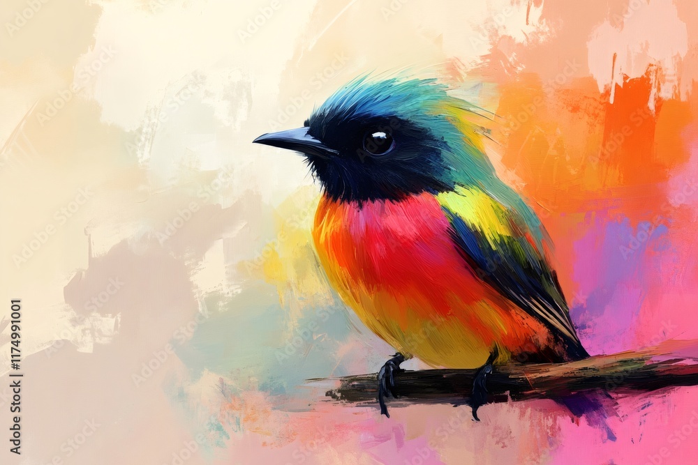 Fototapeta premium Colorful bird painting perched on a branch with abstract background