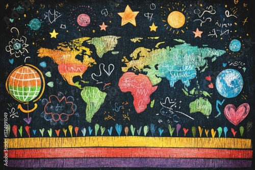 Fototapeta Naklejka Na Ścianę i Meble -  Colorful world map and globe drawing on blackboard for geography education