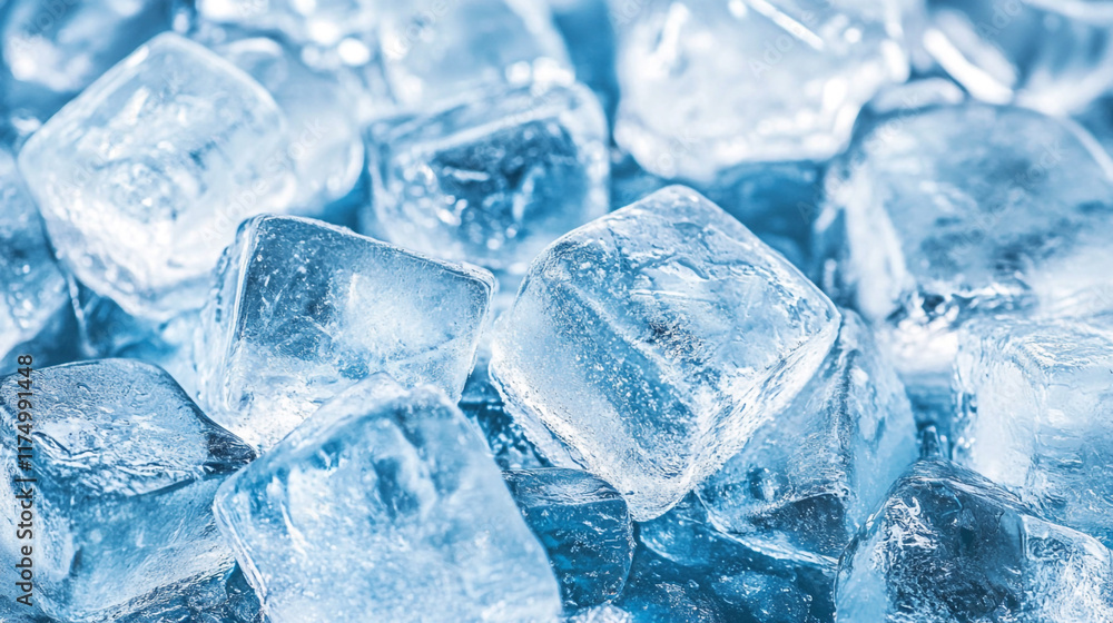 Obraz premium ice cube cold crystal background banner with copy space on blue wet surface top view. Ice Cubes - Cool Refreshing Crystals With Water Drops