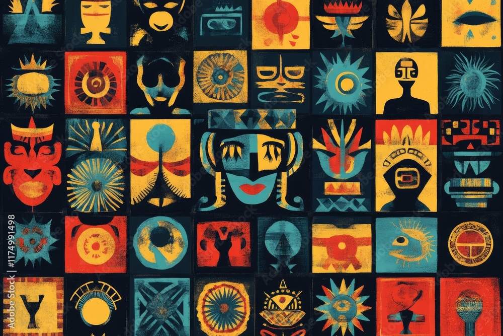 Fototapeta premium Colorful mid-century modern style abstract art depicting ancient ritual masks and symbols