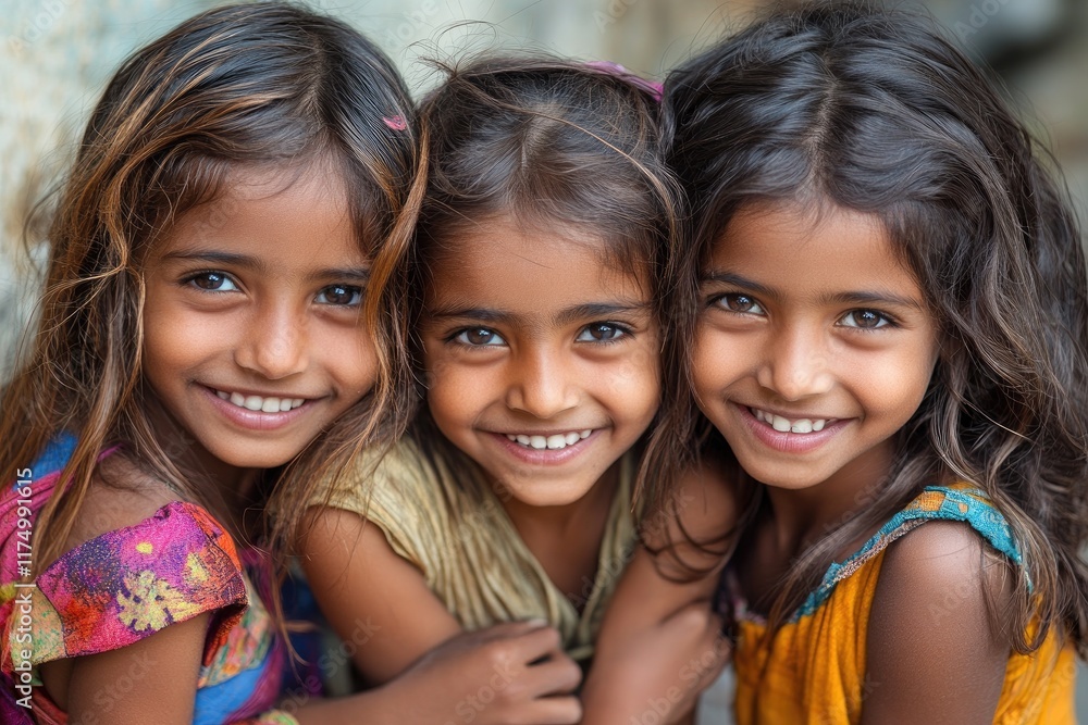 Three happy indian little girls smiling and hugging each other Three happy indian little girls smiling and hugging each other