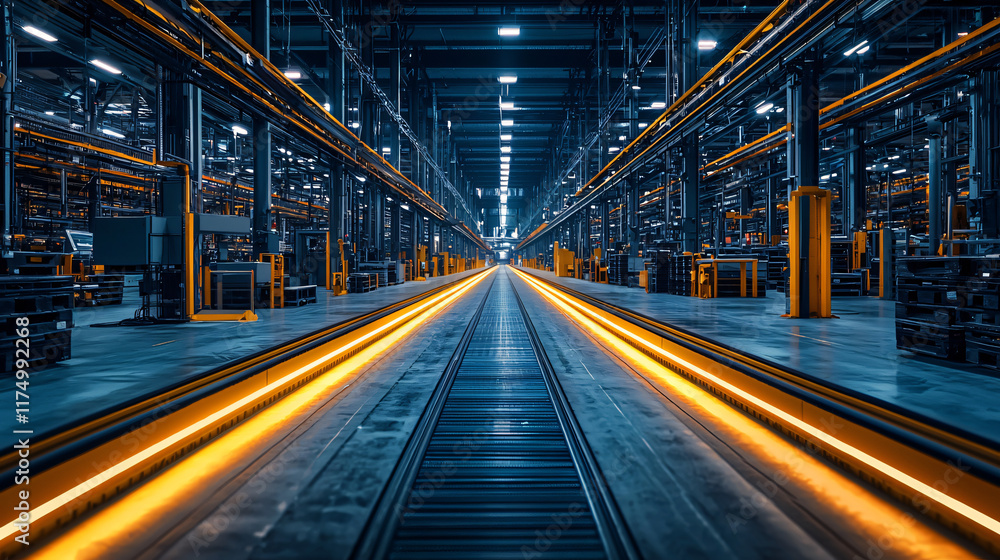 Fototapeta premium Automated Factory Assembly Line with Bright Lights