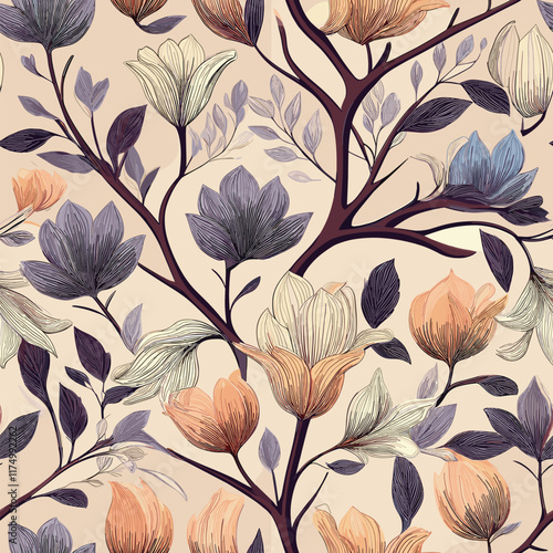 Handcrafted exotic floral designs in seamless repeats, perfect for multi color textiles, wallpapers, and creative packaging.