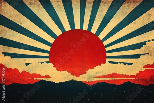 Rising sun shining over mountains in vintage japanese style illustration