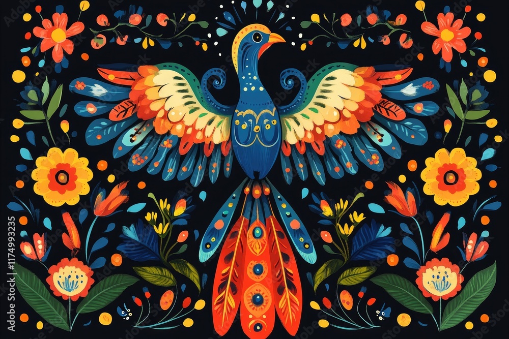 Naklejka premium Colorful bird showing its plumage among flowers in otomi style