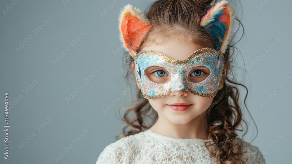 portrait quadrober little girl in animal cat mask on grey studio background, quadrobics. cat mask on a child. portrait quadrober little girl in animal cat mask on grey studio background, quadrobics. cat mask on a child.