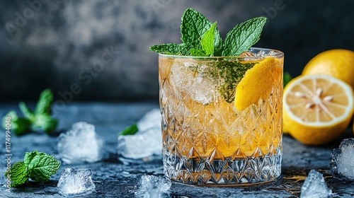 Kvass cocktail with mint and lemon served in a stylish glass with ice photo