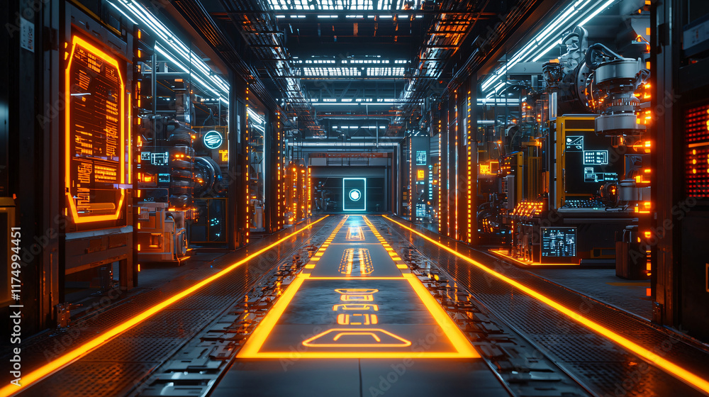 Fototapeta premium Futuristic Factory Corridor with Orange Lighting and Advanced Machinery (1)