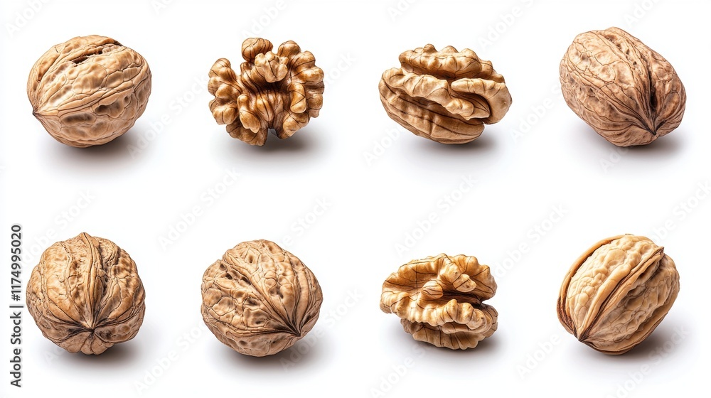 Eight Walnuts in Various Positions, Isolated on White Background Eight Walnuts in Various Positions, Isolated on White Background
