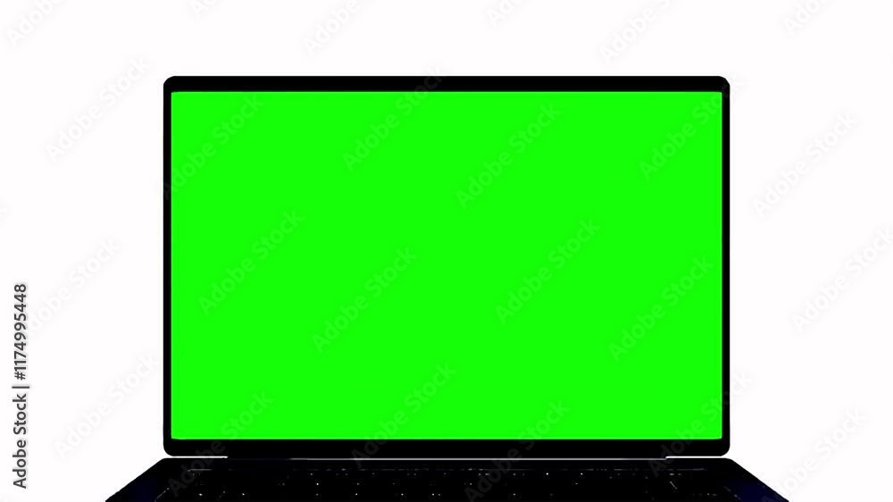 laptop mockup with green screen 3d render computer chroma key lap top front view motion graphics element on white background opens zoom in intro graphic video monitor