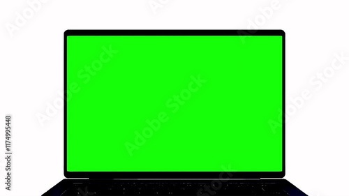 laptop mockup with green screen 3d render computer chroma key lap top front view motion graphics element on white background opens zoom in intro graphic video monitor