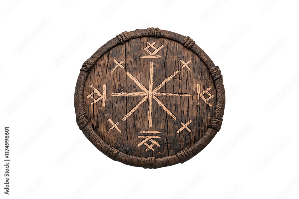 Fototapeta premium A round wooden shield featuring intricate carvings and symbols, showcasing a weathered, rustic appearance.