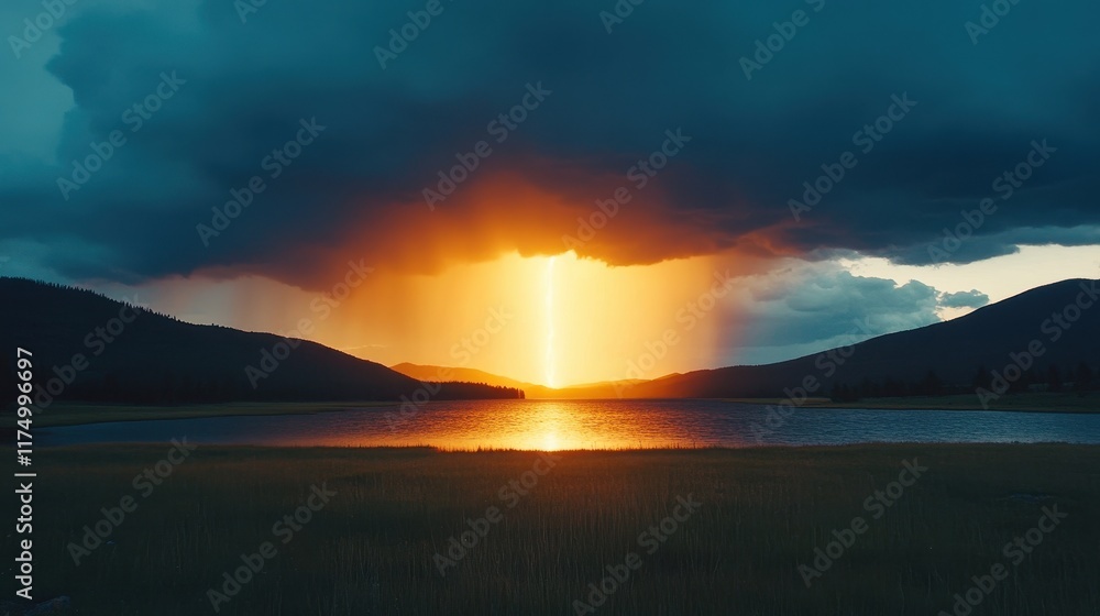 A dramatic sunset illuminates a serene lake nestled between silhouetted mountains. Ideal for nature lovers and travel enthusiasts. A dramatic sunset illuminates a serene lake nestled between silhouetted mountains. Ideal for nature lovers and travel enthusiasts.