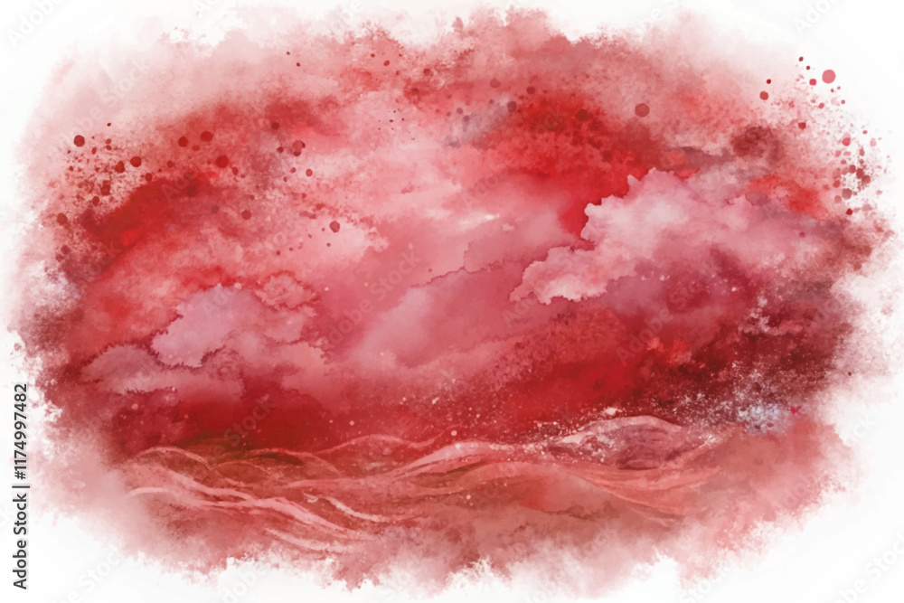 Fototapeta premium Abstract watercolor landscape, vibrant red hues, dramatic clouds, artistic expression, emotional background, creative design.