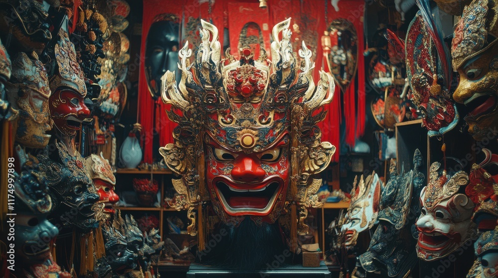 Fototapeta premium A vendor showcasing ornate traditional Chinese masks