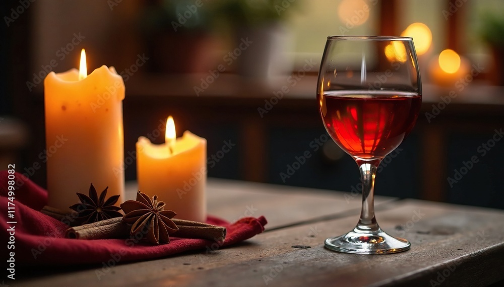 Warm candlelight on wooden table, glass of spiced wine, glassware, still life, red liquid Warm candlelight on wooden table, glass of spiced wine, glassware, still life, red liquid