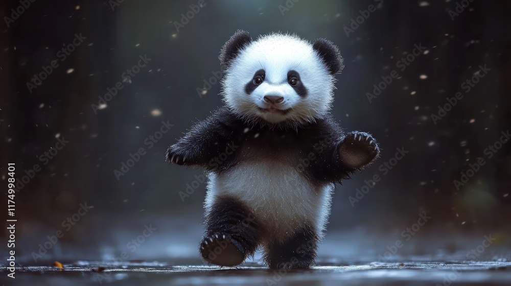 Obraz premium Adorable Panda Dancing Playfully in a Dark Forest Background
