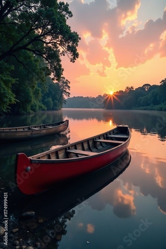 Wooden canoes reflected in calm Maroni River at dusk, trees, wooden photo