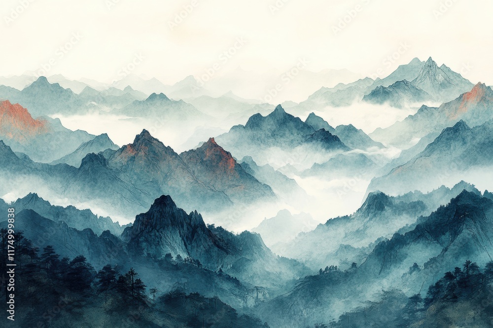 Misty Mountain Range, Watercolor Landscape Misty Mountain Range, Watercolor Landscape