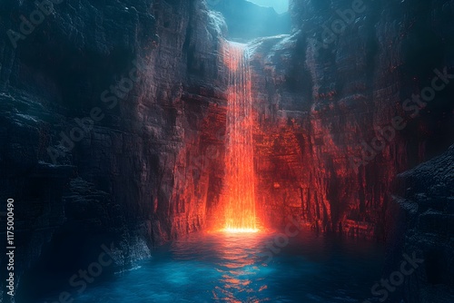 mystical waterfall with purple glowing water and neon light, featuring a magical nature scene with glowing rocks