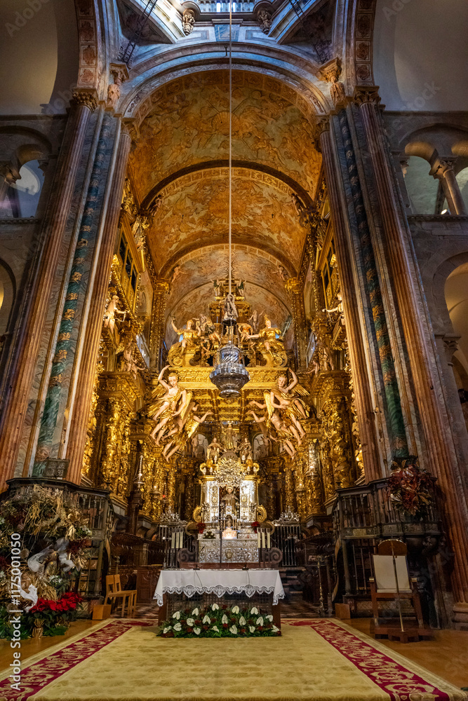 Fototapeta premium Altar and main chapel and 17th century canopy reformed during the Baroque period, Santiago de Compostela Cathedral, Santiago de Compostela, province of La Coruña, Galicia,