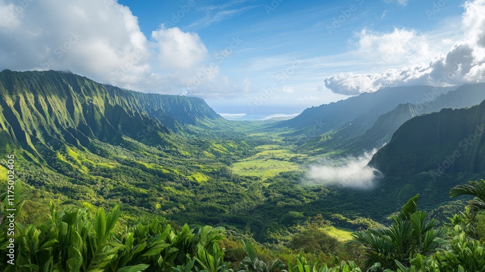Obraz premium Breathtaking Mountain View with Mist Over Lush Green Valley