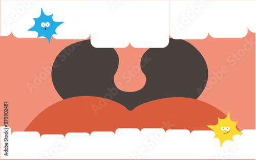 Open mouth with teeth and tongue, microbs. Screaming mouth cartoon in flat style. Vector Illustration