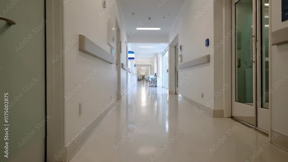 Empty hospital corridor with open doors and bright lighting Empty hospital corridor with open doors and bright lighting