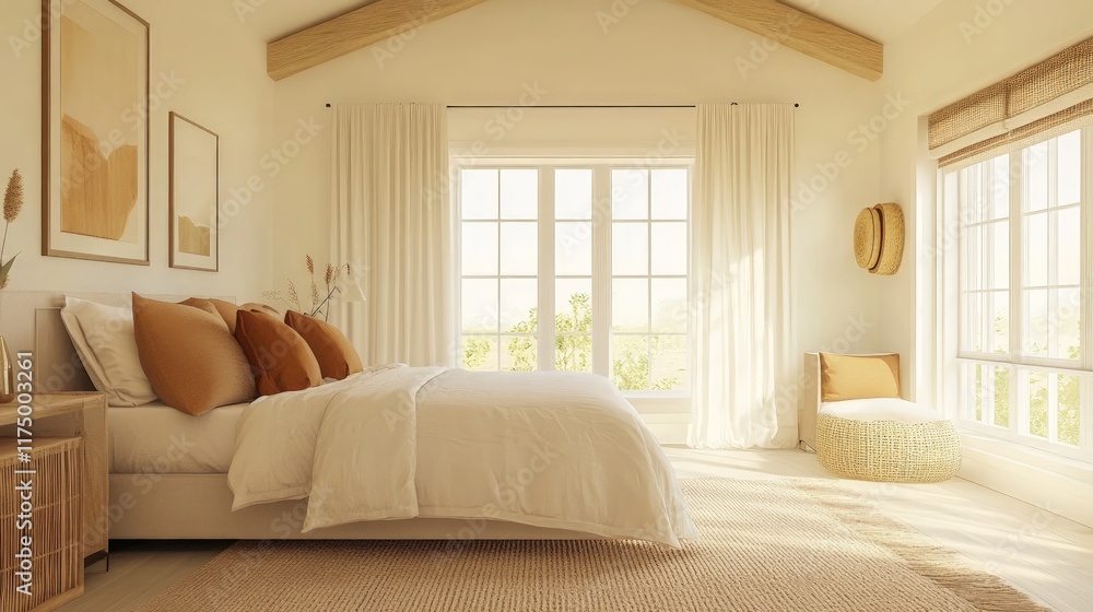Fototapeta premium Bright Minimalist Bedroom Interior with Natural Light and Decor