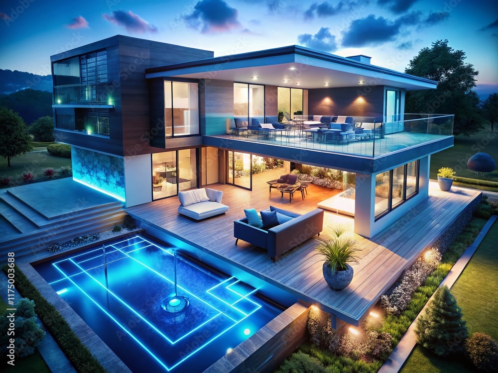 Fototapeta premium Futuristic Smart Home Aerial View: Blue Neon Digital Interface