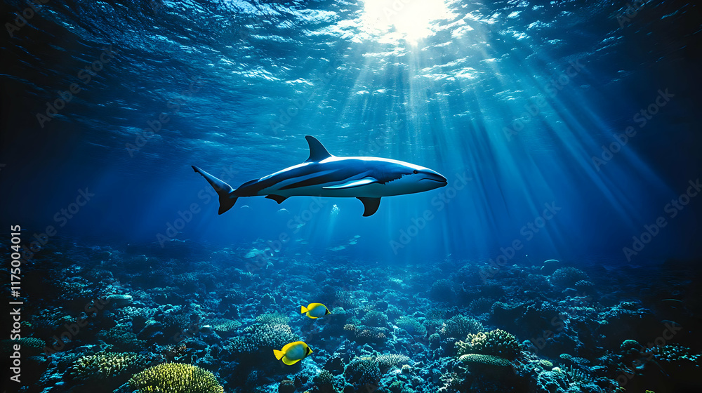 Fototapeta premium Oceanic Shark Illustration Sunlit Reef