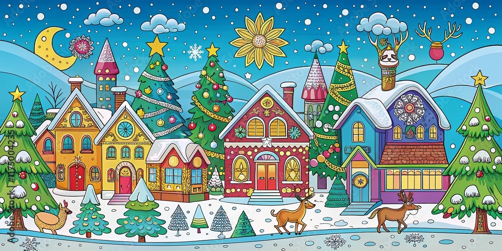 Obraz premium Panoramic Christmas Coloring Page: Festive Holiday Scene for Kids