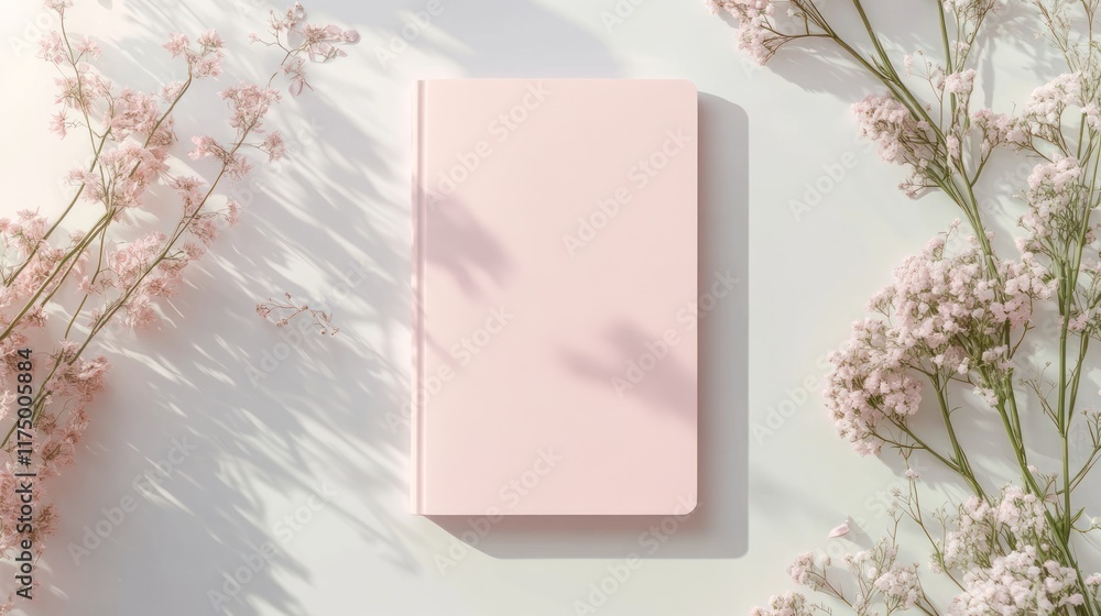 Pastel Pink Notebook with Delicate Flowers and Sunlight Shadows Pastel Pink Notebook with Delicate Flowers and Sunlight Shadows
