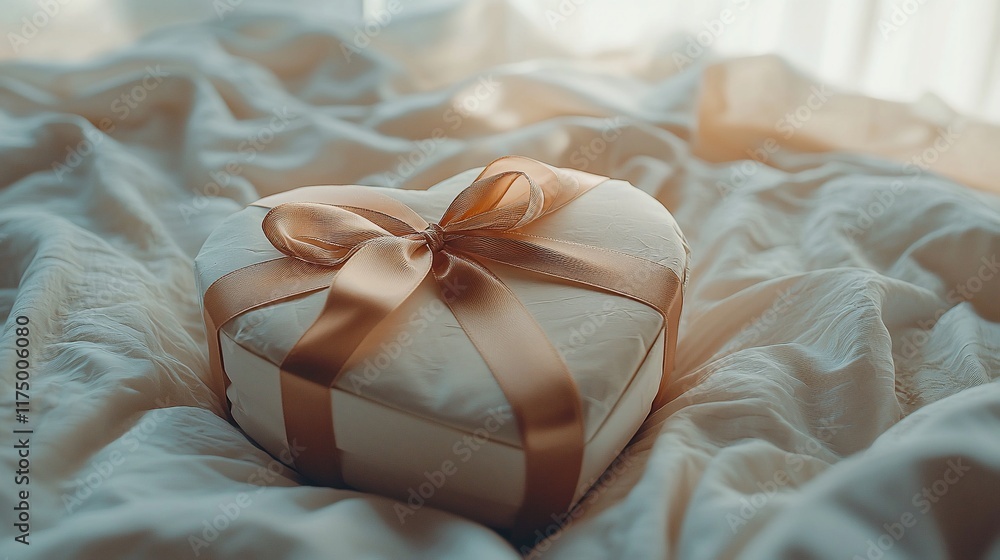 Heart-shaped gift box with ribbon on bed. Heart-shaped gift box with ribbon on bed.