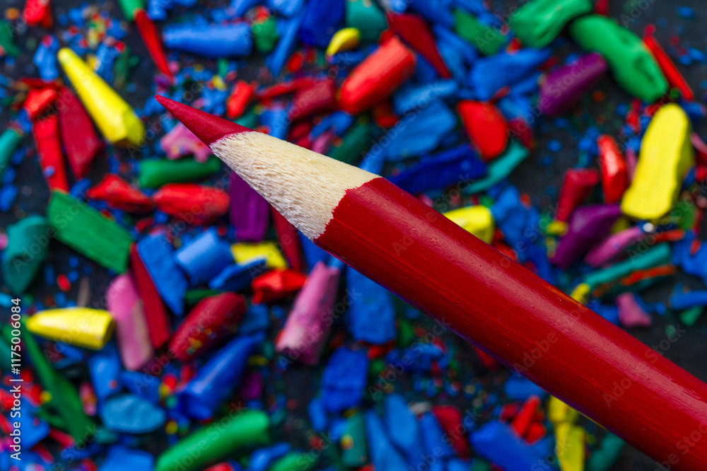 Obraz premium Vibrant red pencil surrounded by colorful pencil tips.