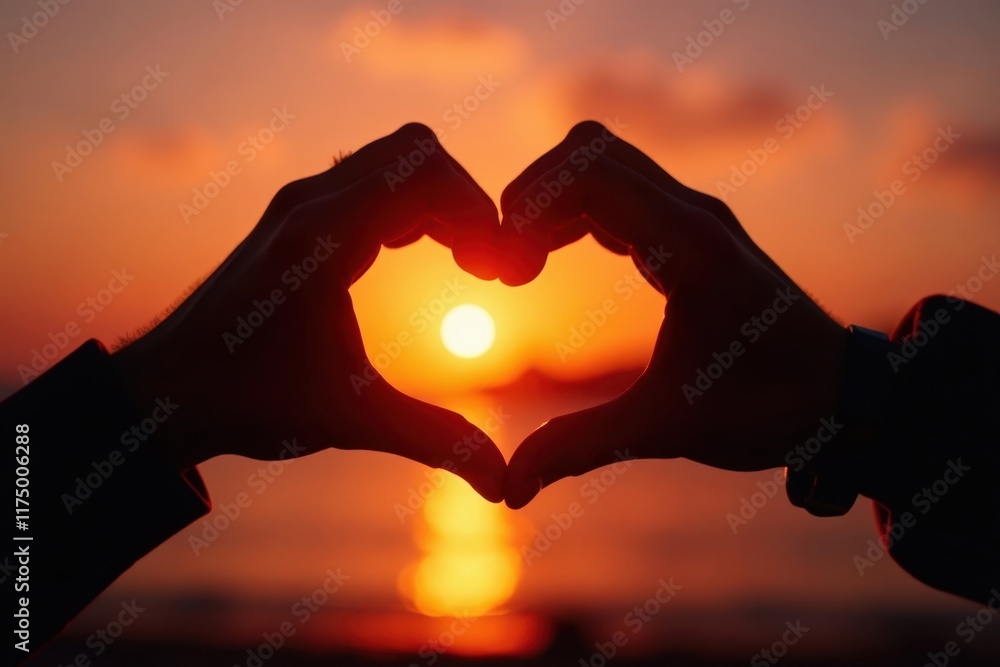 Fototapeta premium Silhouetted hands create heart shape at sunset, red, peace