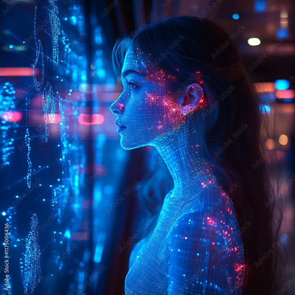 custom made wallpaper toronto digitalGlowing wireframe illustration of a girl standing against the backdrop of a cruise liner, highlighted by vibrant blue and black data points, symbolizing travel, luxury, and futuristic design.

