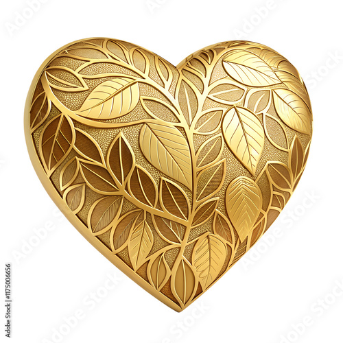 Gold heart with golden pattern 3D shape isolated on transparent background cutout