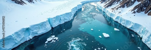 Icy iceberg in winding glacial river Aerial winter landscape , overhead, explore, tranquil
