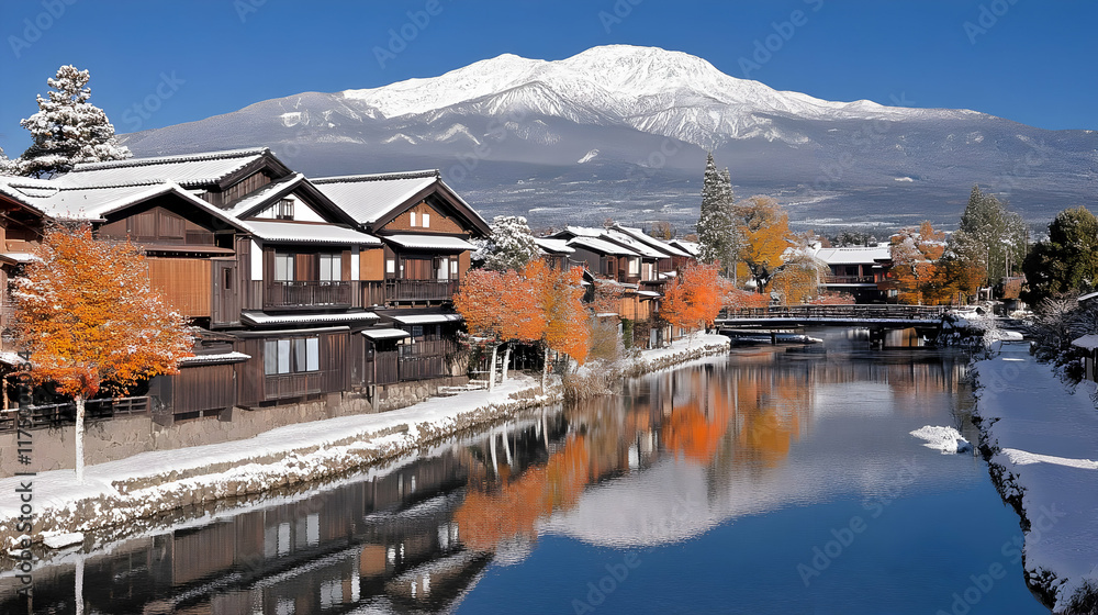 Fototapeta premium Snowy Village, Autumn Reflections, Mountain View