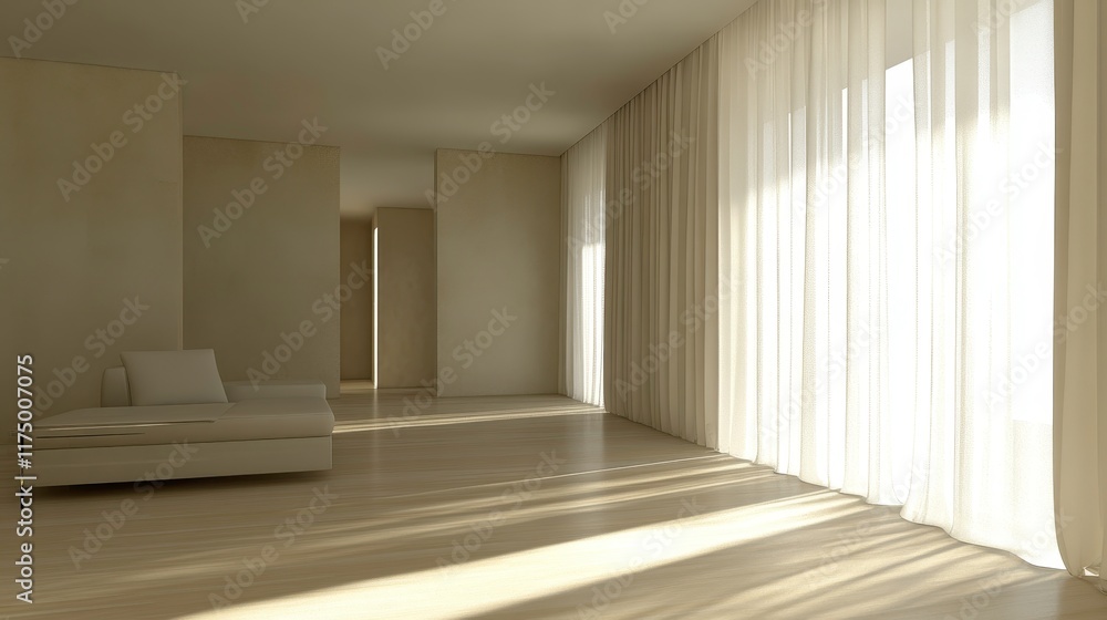 Fototapeta premium Natural light streaming through sheer curtains in minimalist living room modern home interior design calm atmosphere