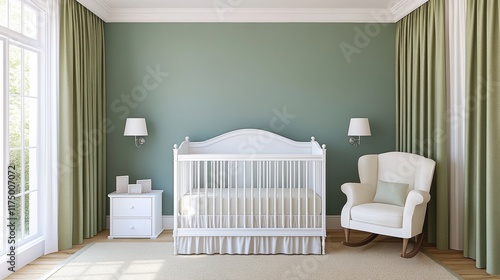 Serene Baby Nursery with White Crib and Rocking Chair