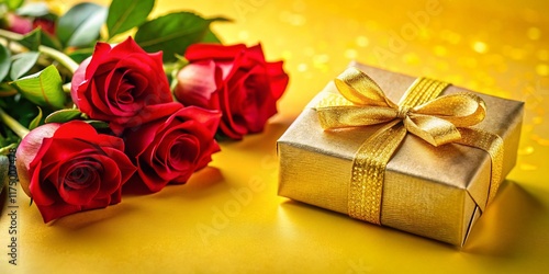 Gift Box with Golden Bow & Roses Bouquet on Yellow Background - Flat Lay, Space for Text