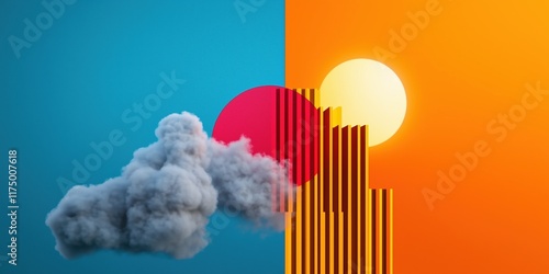 Wallpaper Mural 3D Abstract Illustration - Sun, Clouds, and Geometric Shapes Torontodigital.ca